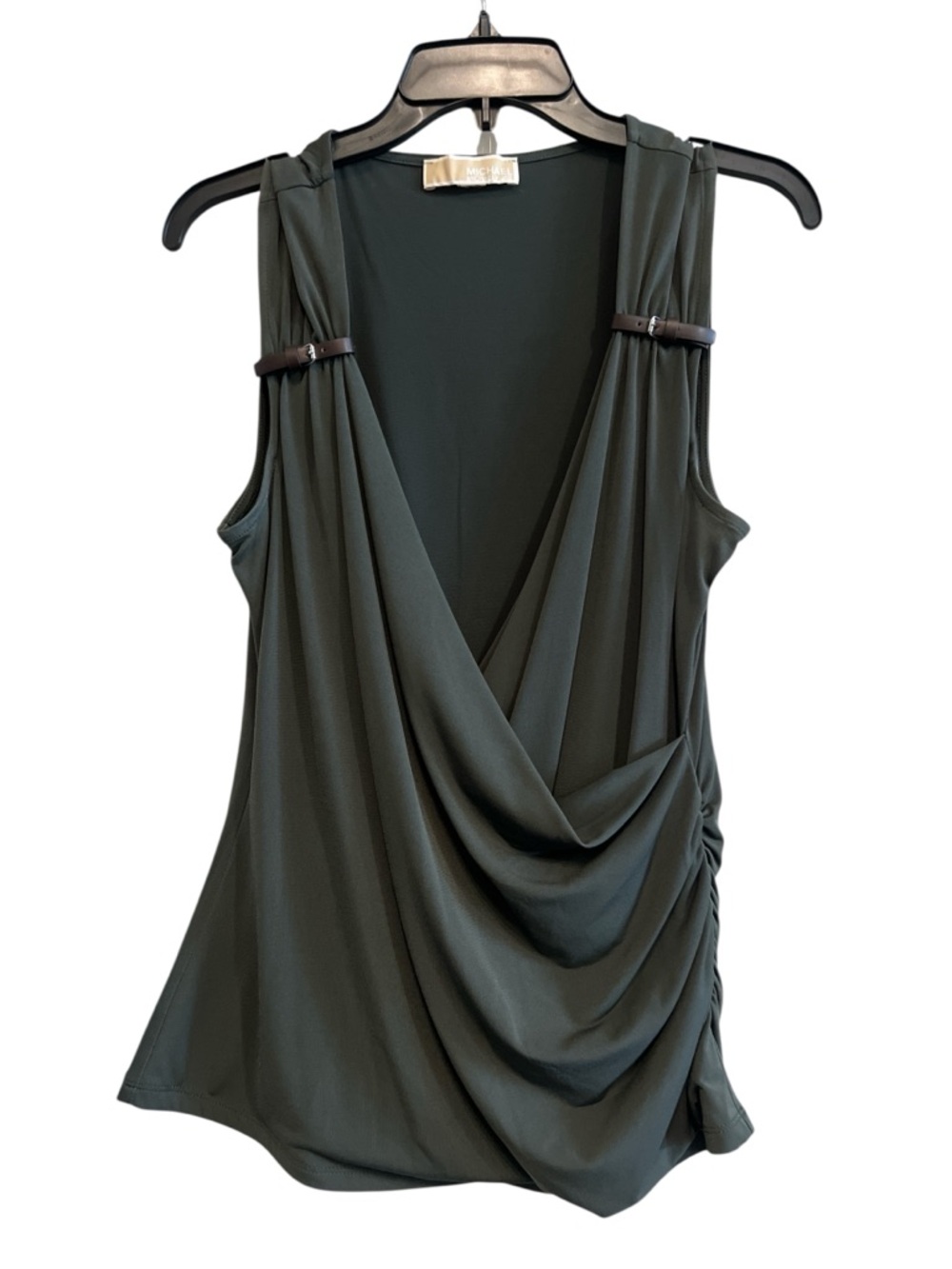 MICHAEL Michael Kors Olive Green Draped V‑Neck Faux Wrap Sleeveless Blouse